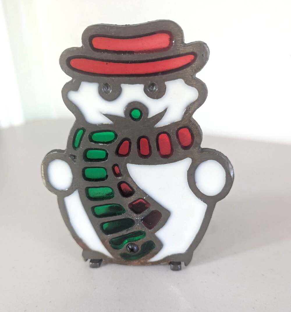 Vintage Snowman Stained Glass Style Christmas Tealight Candle Holder Holiday Dec